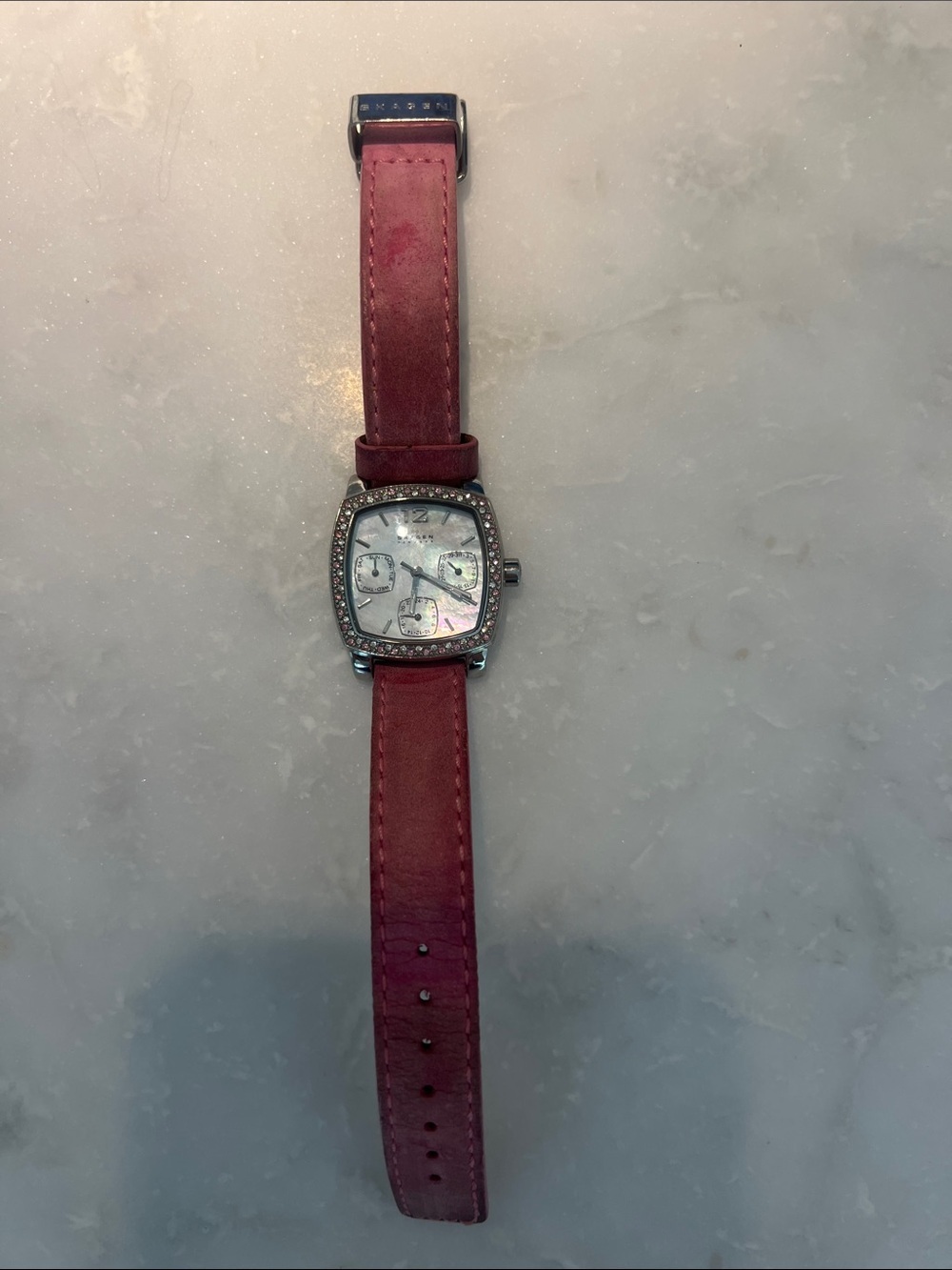 Skagen Pink Leather Strap Watch with Crystal Accent